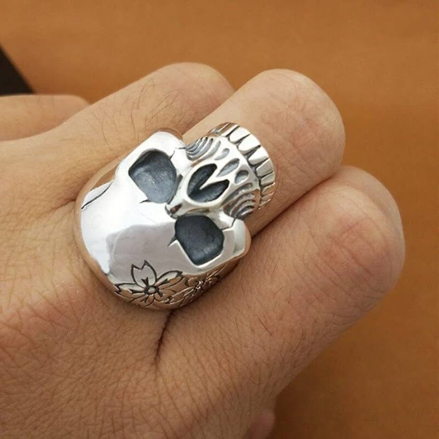 ARGENTGLEAMsilver925 × Brass skull Ring Silver Big Skull Ring for Men and Women ~ Sterling Silver